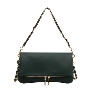 Minimalist dark green lychee textured leather crossbody bag with gold chain strap