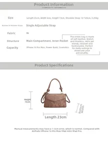 Detailed size specifications for the brown textured PU leather crossbody handbag