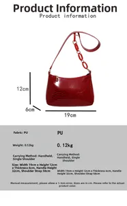Detailed view of red crocodile texture PU shoulder bag with dimensions and strap info