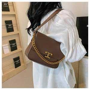 Close-up of brown leather bag with gold T-shaped clasp and thick chain strap detail