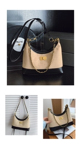 Detail of leopard print hobo bag with gold twist lock and metallic chain strap