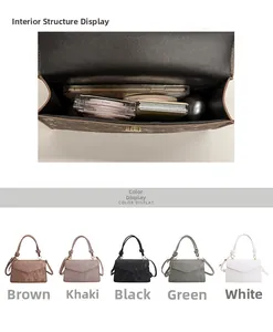 Detail view of the interior compartment showing capacity for makeup and a smartphone