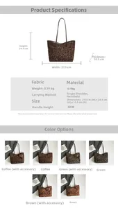 Detailed dimension guide and color options for leopard print canvas tote bag