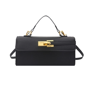 Classic black litchi pattern leather handbag with gold twist lock and shoulder strap