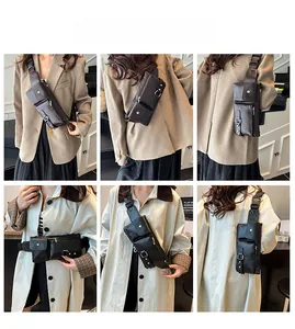 Detailed views of vintage faux leather chest bag with multi-pockets and adjustable strap