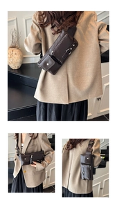 Close-up of retro dark brown tactical chest bag with lychee pattern and multi-pockets
