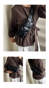 Black pebbled leather multi-pocket chest bag shown in three functional wearing styles