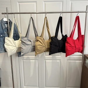 Women Bowknot Shoulder Bag Large Capacity Nylon Fabric Sweet Korean Style Trendy Tote Handbag Niche Design Lightweight