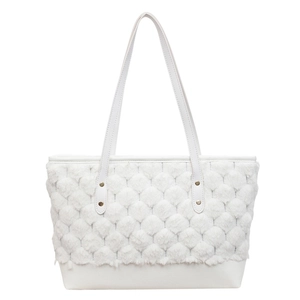 Sac fourre-tout blanc en fausse fourrure avec pompons et poignées en cuir pour femme