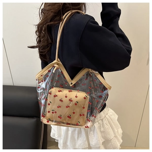 Detail of transparent PVC tote bag with cherry prints and matching inner zipper pouch