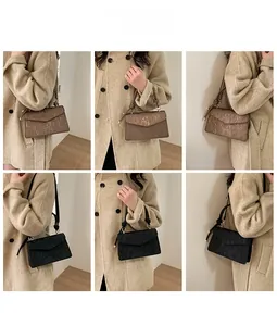Detailed views of vintage brown and black square bags styled with elegant outfits