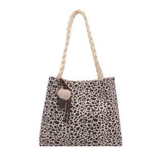 Bolso tote de lona con estampado de leopardo, asas de cuerda y colgante de helado