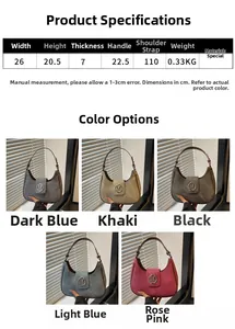 Detailed size chart and parameter overview for the crescent hobo bag in five colors