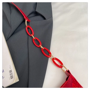 Detailed macro view of the glossy red snake pattern leather and stylish chain link strap