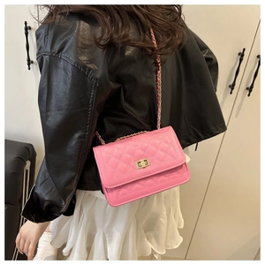 Detailed shot of pink quilted crossbody bag with metal twist lock and chain strap