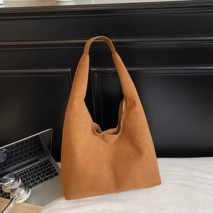 Brown faux suede hobo tote bag for women with large capacity and minimalist design