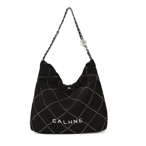 Black quilted hobo bag with silver studs and chain strap shown on white background