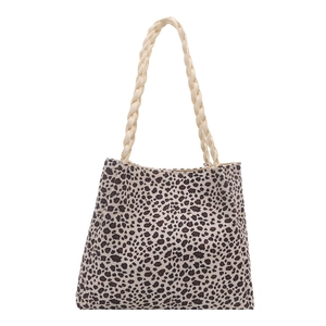 Borsa tote chic in tela stampa leopardata con manici in corda intrecciata color crema