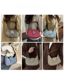 Collage of chic suede underarm bags in various colors on models for stylish daily looks