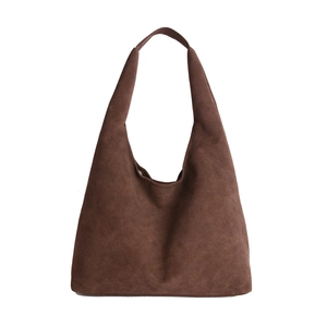 Retro dark brown faux suede hobo tote bag for women with minimalist shoulder strap design