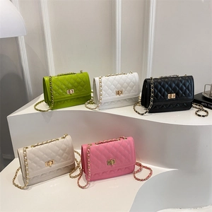 Quilted Rhombus Crossbody Bag PU Leather Chain Strap Small Square Shoulder Bag Metal Turn Lock Elegant Fashion Women