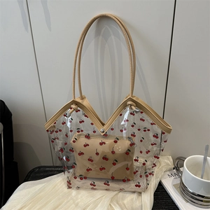 Clear cherry print tote bag set with beige leather handles for summer travel fashion