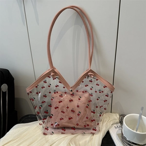 Transparent PVC cherry print tote bag with pink leather straps and matching inner pouch