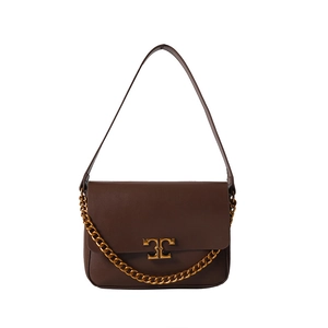 Chic dark brown faux leather shoulder bag with golden chain and double T metal buckle