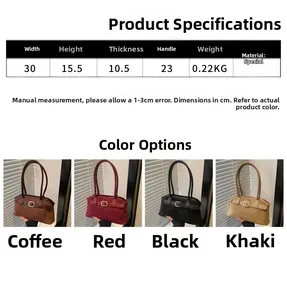 Size chart showing dimensions 30x15.5x10.5cm for women's suede shoulder handbag