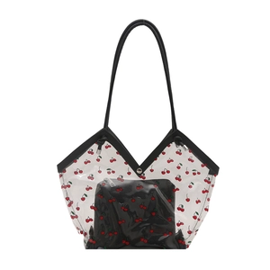 Borsa tote in PVC trasparente con ciliegie e bordo nero per i viaggi e la spiaggia