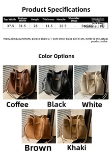 Detailed size chart for the PU leather tote bag showing dimensions and weight for all colors