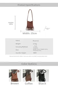 Detailed size specifications and color options for the stylish fringed crossbody bag