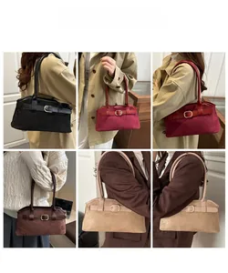 Collage of four stylish suede shoulder bags in black, burgundy, dark brown and khaki