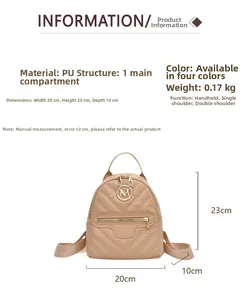 Detailed size specifications of the beige PU leather backpack with V-quilting pattern