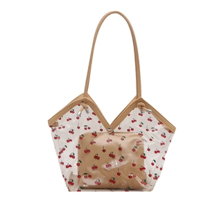 Large PVC tote bag with cherry print and brown inner pouch on white background