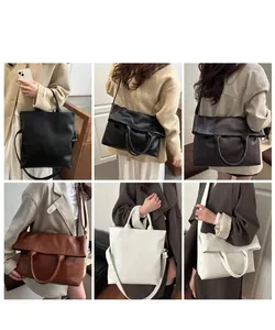 Collage of model carrying large leather tote bags in black, brown and beige colors