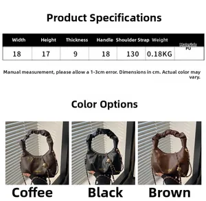 Size guide for ruched cloud bag showing width 18cm height 17cm and chain strap detail