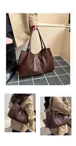 Detail of dark brown PU leather tote bag featuring natural pleated texture and long straps