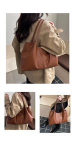 Detailed views of a brown large capacity PU leather tote bag with vertical stitching