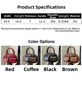 Detailed size specifications and four color options for the vintage bowling handbag