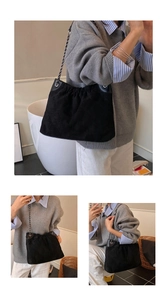 Detailansicht der klassischen Steppstruktur und des Kettenriemens dieser schwarzen Tasche