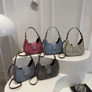 Women Hobo Shoulder Bag Retro Textured Fabric With PU Leather Trim Round Metal M Logo Adjustable Strap Underarm Purse