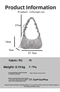 Detailed size specifications for light gray pleated shoulder bag with silver butterfly