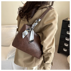 Deep brown retro oil-wax texture tote bag with stylish printed silk scarf decoration