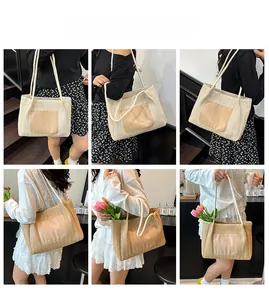 Vues multiples d'un sac cabas tissé avec poche en cuir montrant sa grande capacité