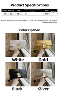 Detailed size specifications and four color options for the faux crocodile envelope clutch
