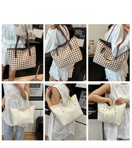 Detailed views of woven tote bags in brown and beige checkered patterns on a model