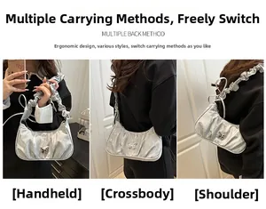 Detailed views of a silver metallic pleated shoulder bag with butterfly charm detail