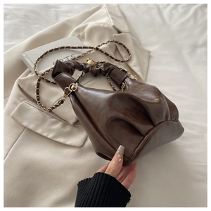 Detailed view of dark brown dumpling bag with pleated leather texture and gold chain strap