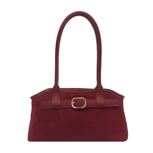 Retro burgundy suede and leather rectangular shoulder bag with metal buckle strap
